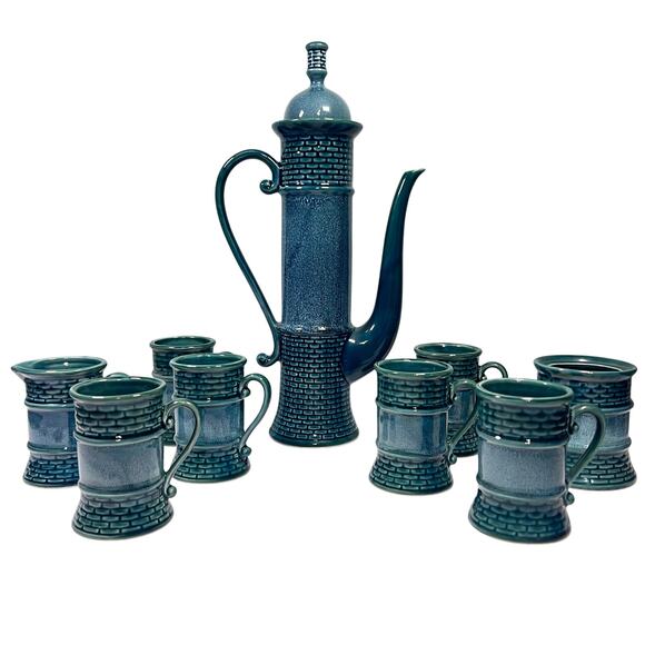 Vintage 70s Decorama Dallas Blue Ceramic Coffee Set Serves 6 Iberian MCM Style - Picture 1 of 11